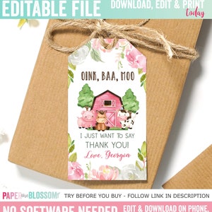 May include: A rectangular gift tag featuring a watercolour illustration of a red barn, a pig, a horse, and a cow. The text reads OINK, BAA, MOO, I JUST WANT TO SAY THANK YOU! Love, Georgia. The tag is decorated with pink and white floral accents.
