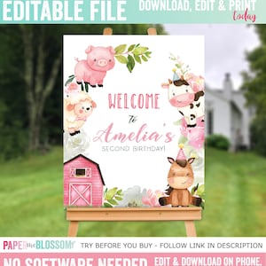 EDITABLE Pink Farm Barnyard Animals Girl Birthday Welcome Sign - Girl Farm Birthday Welcome Sign - Customizable PDF DIY File