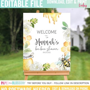 Signo de bienvenida EDITABLE Bee Baby Shower - Mamá a abeja Baby Shower Signo de bienvenida - Signo de bienvenida floral de Bumble Bee personalizable Archivo PDF DIY