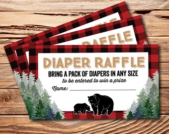 Diaper Raffle Lumberjack Plaid Woodsy Baby Shower Printable PDF - 2x3.5  - 10 per page - An adventure begins - Diaper Raffle Ticket