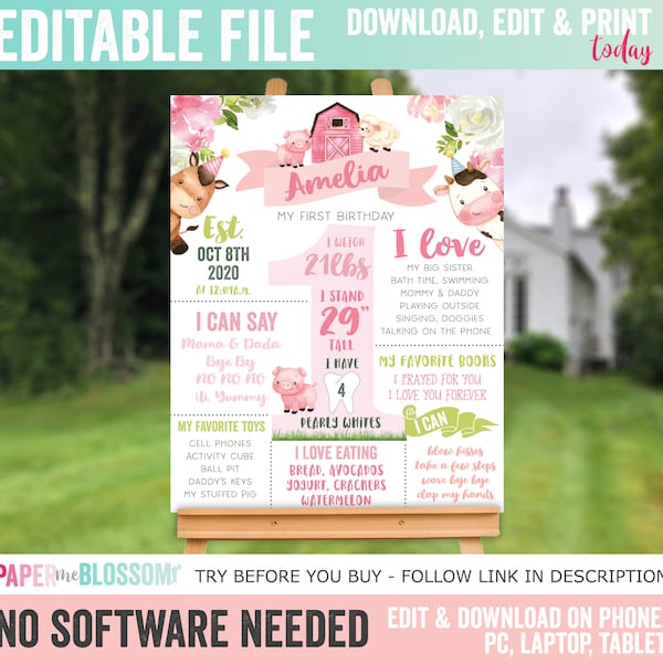 EDITABLE Farm Floral Farm Animal Barnyard First Birthday Stats Poster - Girl Pink Barn Farm Poster - Customize Floral Farm Stats Poster