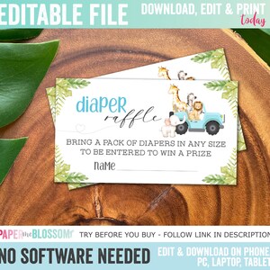 Sorteio de fraldas EDITÁVEL Safari de bebê com animais selvagens drive por chá de bebê - Cartão de chá de bebê com sorteio de fraldas - Arquivo PDF personalizável DIY