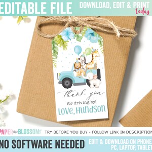 Pode incluir: Etiqueta de agradecimento de safari com animais em azul e verde com um jipe, um leão, uma zebra, uma girafa e um elefante. A etiqueta diz "Obrigado por vir! Com amor, Hundson".