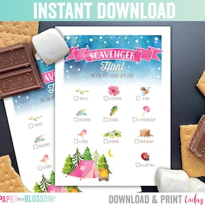 INSTANT DOWNLOAD Scavenger Hunt Camping Game - Let&#39;s go camping Scavenger Hunt - Girl Camping Scavenger Hunt