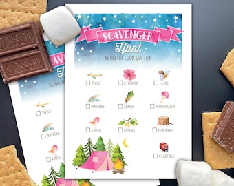 May include: A printable camping scavenger hunt checklist with a pink and blue watercolour background. The checklist includes items like twigs, feathers, a bird, acorns, and a ladybug. The text "Scavenger Hunt" is in pink with a pink ribbon.