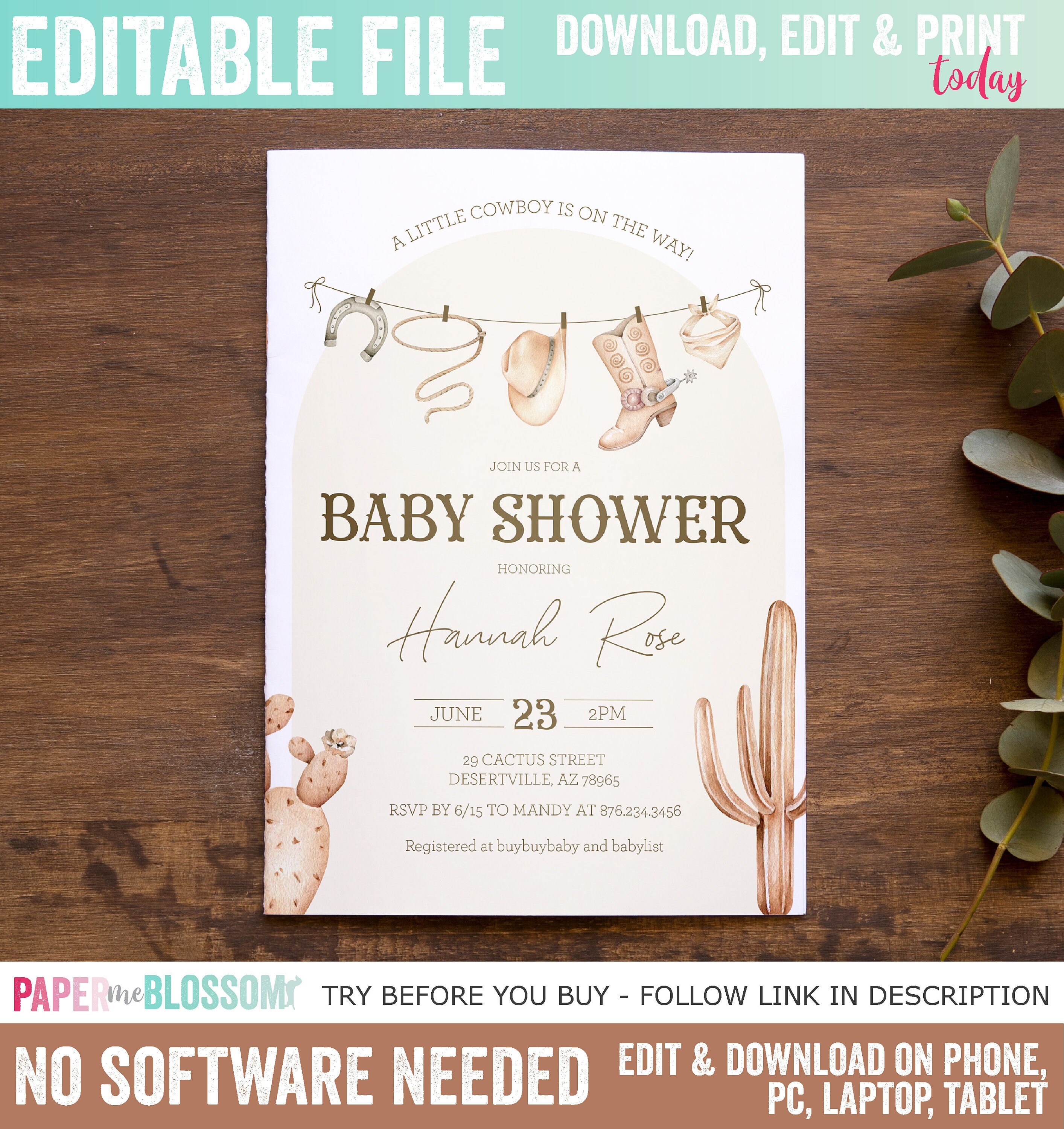 Editable Little Cowboy Baby Shower Invitation - Wild West Rodeo Baby Shower - Country Western Ranch Baby Boy Shower Invitation PDF 5x7