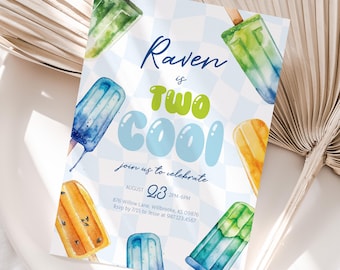 Editable Two Cool Popsicle Birthday Invitation - Summer Pool Party Invitation - Ice Cream Boy Second Birthday Summer Party PDF 5x7