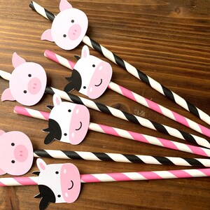12 Pink Pig/Cow Girl Farm Birthday Party Paper Drinking Straws - Girl Farm Pink and black paper Straws - Farm Party drinking decoration