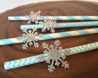12 Blue and Silver Glitter Snowflake Winter Wonderland Straws - Winter Onederland Party - Baby it's cold Outside Baby Shower