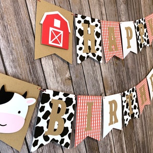 Cow Red Barn Farm High Chair/ Happy Birthday Banner - Red Ginghaml Birthday Banner - Boy Barnyard Birthday Banner