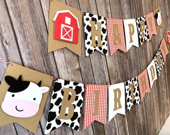 Cow Red Barn Farm High Chair/ Happy Birthday Banner - Red Ginghaml Birthday Banner - Boy Barnyard Birthday Banner