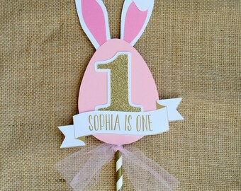 Some Bunny is turning One Spring Birthday Rabbit Cake Topper - Pink Girl Rabbit Birthday Cake Topper / Center Piece