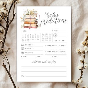 Juego de predicciones para baby shower editables Pronto comenzará un nuevo capítulo - Tarjeta de predicciones y consejos de deseos de la biblioteca de cuentos florales - PDF 5x7 PDF