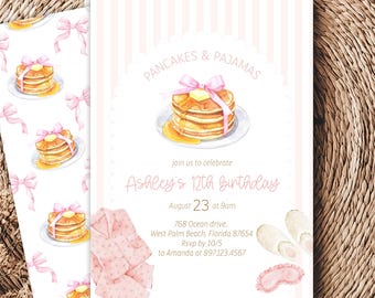 May include: A birthday invitation with a watercolor illustration of pancakes with butter and syrup, and a pink bow. The invitation text reads "Pancakes & Pajamas" and "Ashley's 12th Birthday". The invitation also includes the date, time, and location.
