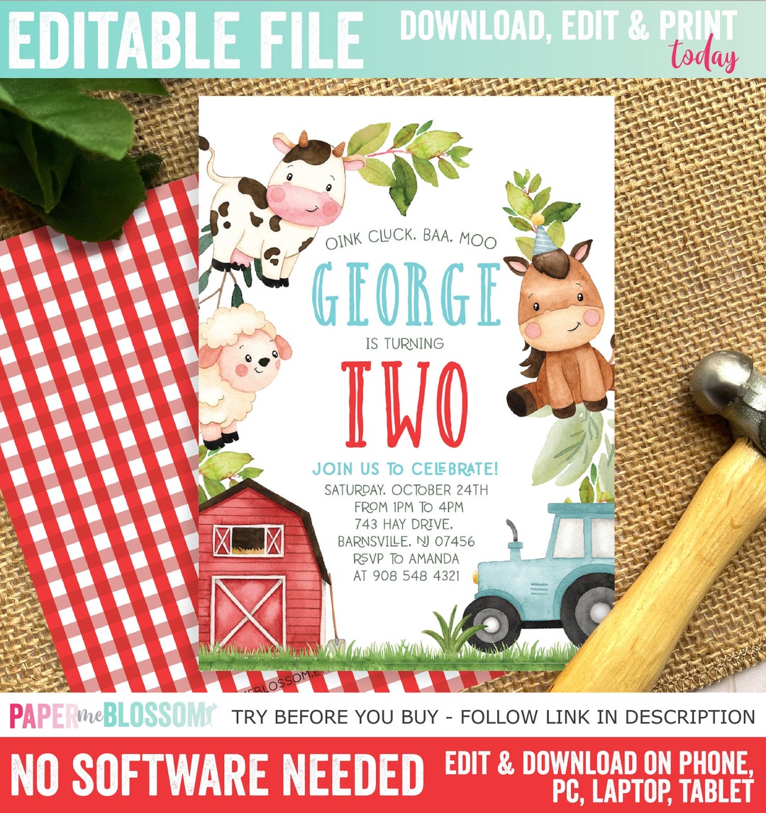 EDITABLE Farm Farm Animal Barnyard Birthday Party Invitation - Boy Red ...