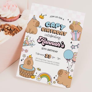 Editable Capybara Girl Birthday Invitation - Capy Birthday Cute Capybara Animal Party - Capybara Party Animal Invite 5x7 PDF