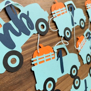 Farm Blue Truck Pumpkin birthday photo banner - Fall Pumpkin Truck Birthday Photo Garland - 12 month first year photo Banner - NB to 12