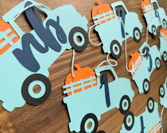 Farm Blue Truck Pumpkin birthday photo banner - Fall Pumpkin Truck Birthday Photo Garland - 12 month first year photo Banner - NB to 12