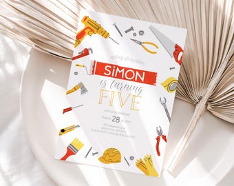 Editable Boys Tools Birthday Invitation -Handyman Red and Yellow Birthday Invitation - Let's Build a Party Birthday Party 5x7 PDF