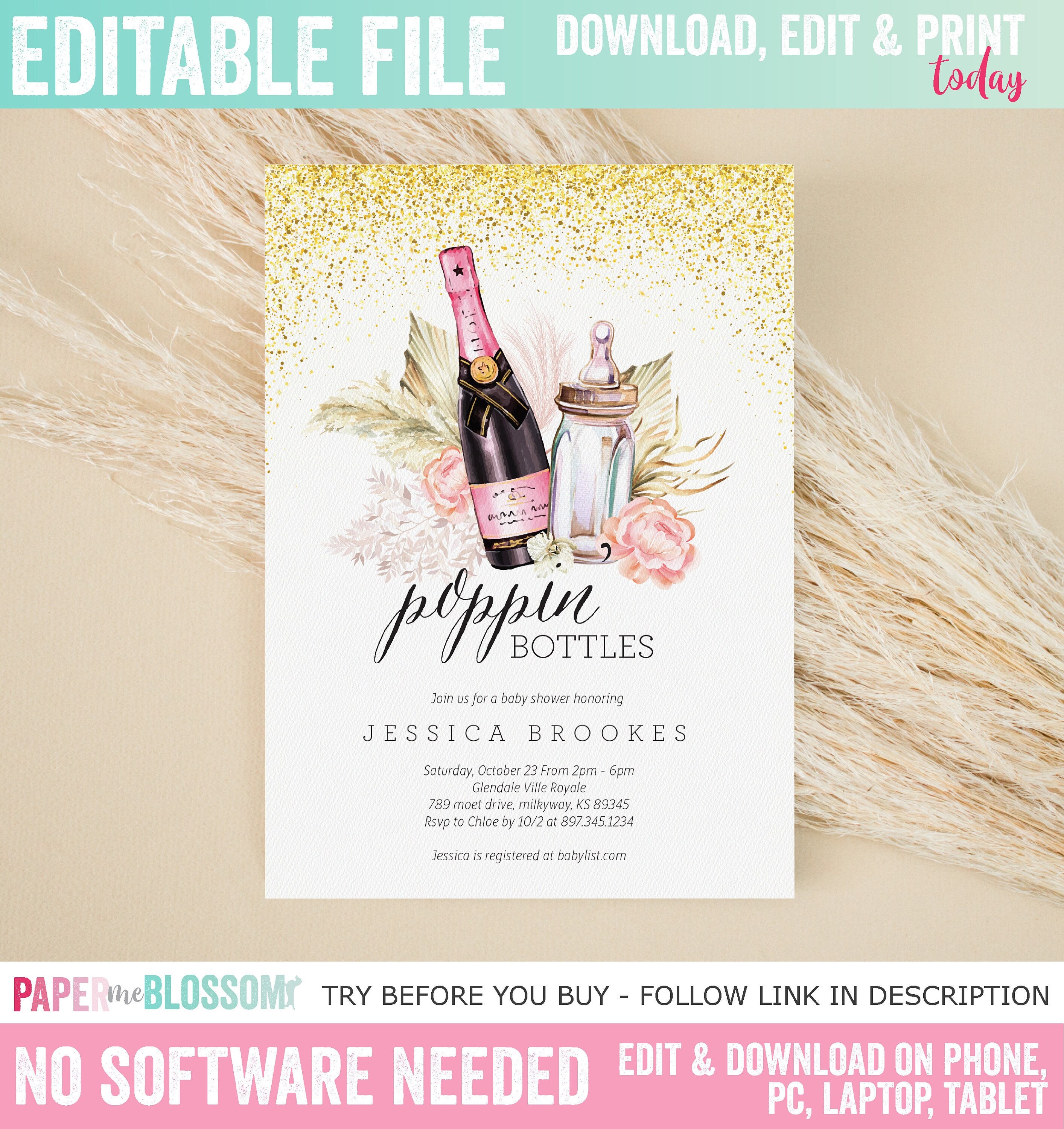 Editable Poppin Bottles Baby Shower Invitation Champagne Bottle