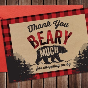 Bûcheron boisé en plein air d’anniversaire Party Merci que vous carte - PDF imprimable - rustique Plaid Camping d’anniversaire