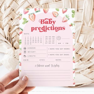 Editable Un bebé dulce de bayas está en camino Juego de baby shower - Predicciones de la niña de la fresa en acuarela y tarjeta de consejos de deseos PDF 5x7 PDF