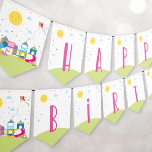 May include: A colorful Happy Birthday banner with a playful theme. Each pennant features a sun, clouds, and a playground scene. The letters are pink and the background is white with confetti.