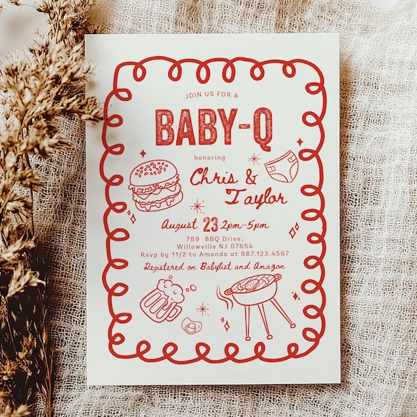 Editable Baby BBQ Invitation - Summer Barbecue Baby Shower Hand Drawn Coquette Red Invitation - 5x7 PDF