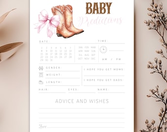 Editable Boots or Bows Gender Reveal Baby Shower Game Card - Bows or Cowboy Boots Girl or Boy Predictions & Wish Advice Card PDF 5x7 PDF