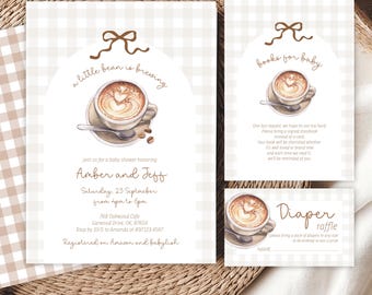 Invitación editable para baby shower "Un bebé está preparando café" - Libros de Café Bebe para bebé/Paquete de rifa de pañales (PDF)