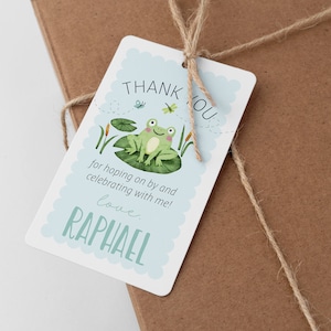 May include: A blue and green thank you tag with a cartoon frog sitting on a lily pad. The tag says "Thank You for hoping on by and celebrating with me! Love, Raphael."