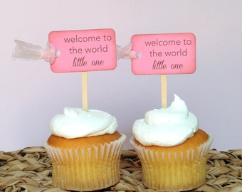 Baby Girl... Vintage Baby Shower (welcome to the world) Cupcake Toppers.