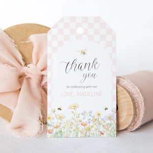 EDITABLE Bee Birthday Thank You Gift Tag - Happy Bee-Day Floral Retro Birthday Party Tag - A Little Hunny Bee Girl Favor Tag 2x3.5 PDF