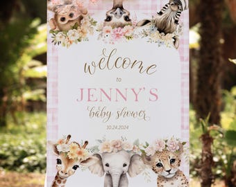 Puede incluir: Un letrero de bienvenida para baby shower con un fondo de cuadros rosas. El letrero presenta el texto "welcome to Jenny's baby shower 10.24.2024" en una elegante escritura. Adorables ilustraciones de animales, incluyendo una jirafa, un elefante y una cebra, decoran el letrero.