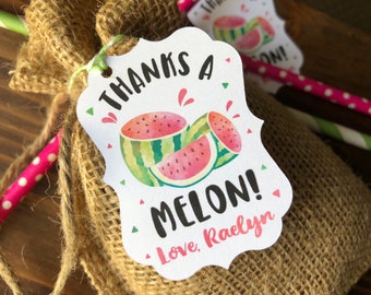 12 Watermelon Thanks a Melon CUSTOM Birthday favor tags - One in a Melon First Birthday Favor Tags - Custom Name