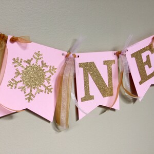 Baby It&#39;s Cold Outside First Birthday Winter Onederland High Chair Banner - Baby Girl Snowflake Birthday Banner - Gold Glitter and Pink