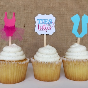 12 Gender reveal Ties or Tutus baby shower Cupcake Toppers