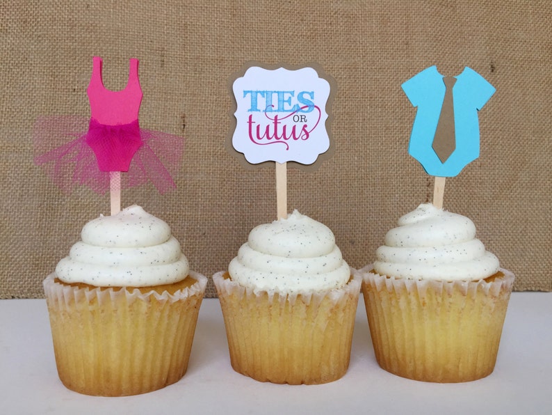 12 Gender reveal Ties or Tutus baby shower Cupcake Toppers image 1