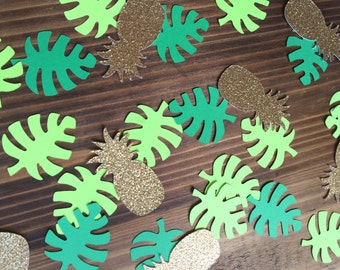 Gold Glitter Pineapples and Tropical Leaves Confetti - Luau Party Confetti