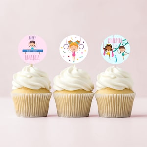EDITABLE Gymnastics Birthday Cupcake Toppers - Flip Tumble Jump and Play Party Toppers - Gymnast Girl Food Picks - 2x2 PDF