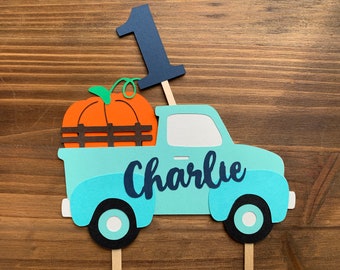 Fall Farm Blue Farm Truck Birthday CAKE TOPPER - Boy Fall Truck Pumpkin Birthday Smash Cake Topper - Custom Age/Name