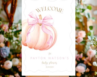 EDITABLE A Little Pumpkin is on the Way Baby Shower Welcome Poster - Watercolor Pink Bow Pumpkin Fall Welcome Baby Poster 20x30 PDF