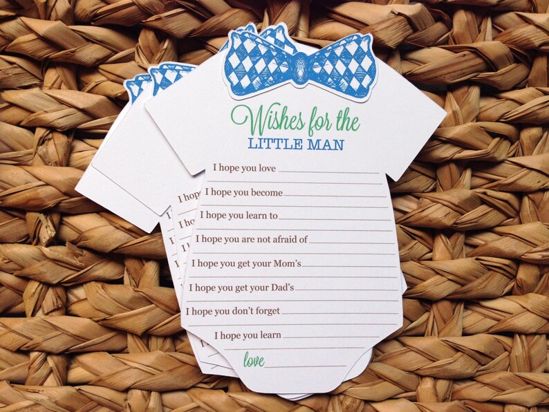 12 Little man CUSTOM baby bodysuit bow tie baby shower wish cards image 1