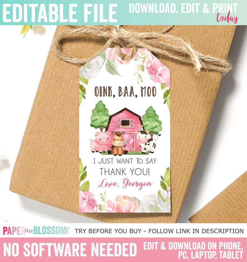 May include: A rectangular gift tag featuring a watercolour illustration of a red barn, a pig, a horse, and a cow. The text reads OINK, BAA, MOO, I JUST WANT TO SAY THANK YOU! Love, Georgia. The tag is decorated with pink and white floral accents.