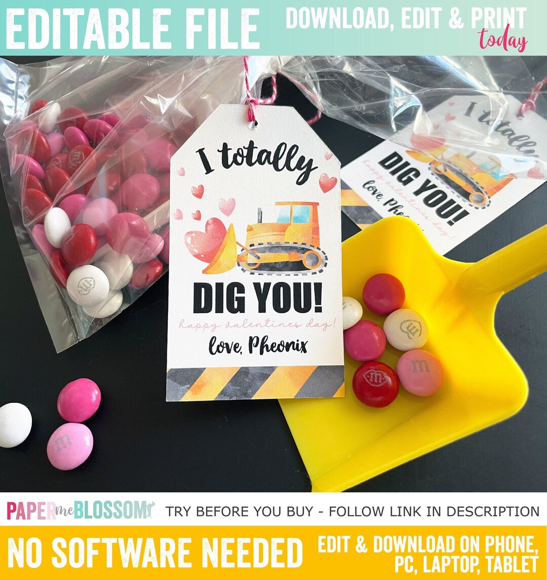 EDITABLE Construction I Totally Dig You Valentines Day Kids Gift Tag ...