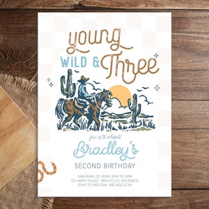 Invito modificabile da cowboy rodeo retrò/Invito di compleanno giovane, selvaggio e tre cowboy/Invito da cowboy occidentale country moderno per ragazzo 5x7 PDF