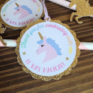 May include: Gold glitter unicorn party favor tag with the text "Thank you for celebrating with me. It was magical!"