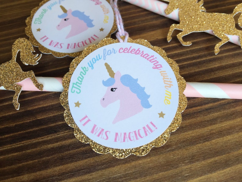 May include: Gold glitter unicorn party favor tag with the text "Thank you for celebrating with me. It was magical!"