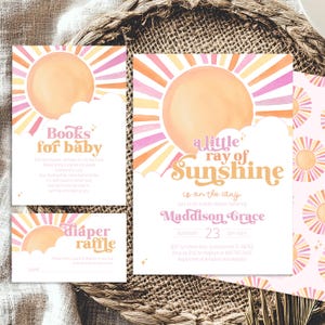 Editable A Little Ray of Sunshine Baby Shower Invitation - Girl Sunshine Books For Baby - Pink Sunshine Diaper Raffle Shower Bundle PDF