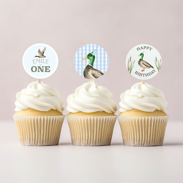 EDITABLE One Lucky Duck Birthday Cupcake Toppers - Mallard Duck Party Toppers - First Birthday Boy Hunting Duck Food Picks - Lets Play Ball